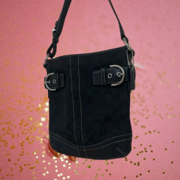 Authenic COACH Vintage Soho Black leather & canvas signature C's Shoulder Bag - Picture 1 of 7